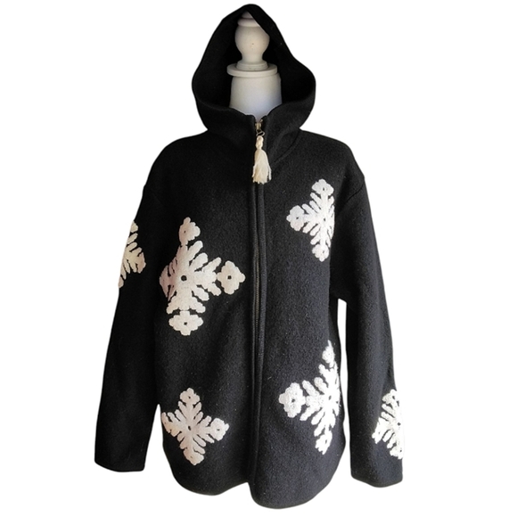 Vintage Lisa International Black W/ White Snowflake Boiled Wool Zippered Jacket - Picture 1 of 7